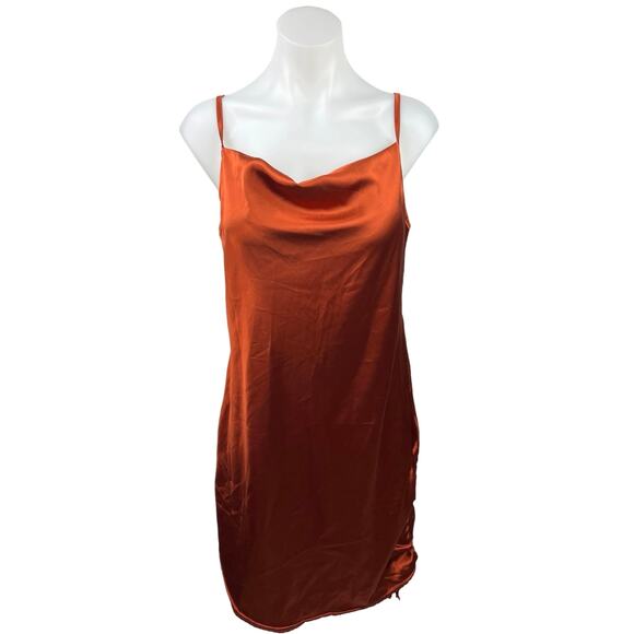 PrettyLittleThing Brown Silky Satin Cowl Neck Short Camisole Tank Dress Size L - Picture 1 of 5